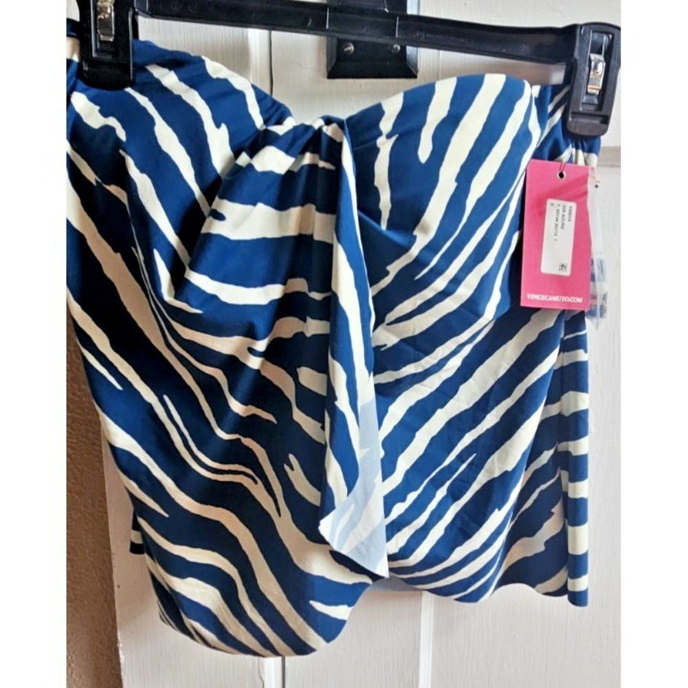 NWT Vince Camuto bandkini‎ swimming  top draped front blue white zebra